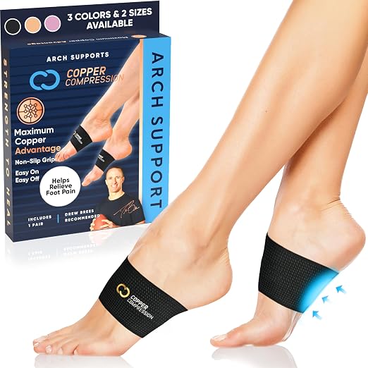 Copper Compression Large Sized Arch Support Sleeves. Targeted Compression for Plantar Fasciitis Symptoms, Pain, Flat Feet & High Arches. Breathable Support for Men & Women - Black