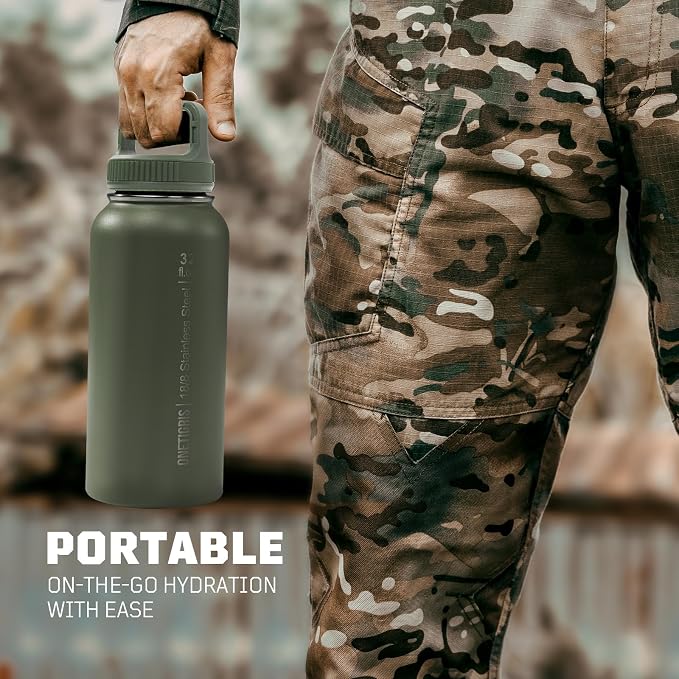 ONETIGRIS 32oz Insulated Tactical Water Bottle with Straw & MOLLE Sleeve | 3 Lids,Keeps Ice Cold 48H Hot 24H,304 Food-Grade Stainless Steel,360° Leakproof Silicone Seal,2 Straws Kit,Paracord Handle