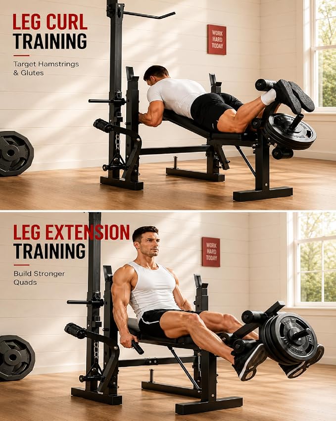 Garvee 8 in 1 Adjustable Weight Bench Set, Lat Pulldown & Leg Extension Foldable Bench Press Set with Preacher Curl Pad, Chest Fly, Leg Curl, Rack, Full Body Home Gym Strength Training Equipment