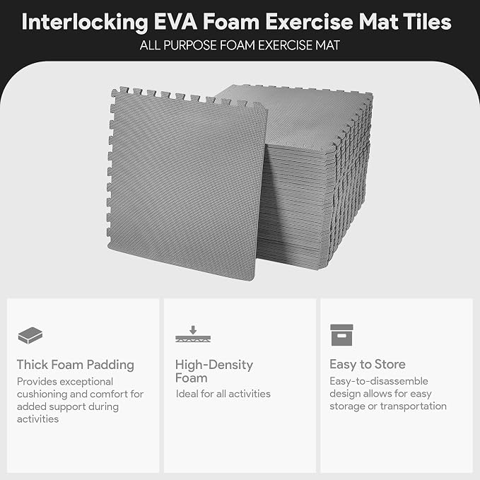 BalanceFrom Puzzle Exercise Mat 1/2" Thick, EVA Interlocking Foam Floor Tiles for Home Gym, Mat for Home Workout Equipment, Floor Padding for Kids, Gray, 24 in x 24 in x 1/2 in, 144 Sq Ft - 36 Tiles | Tiles for Home Gym, Mat for Home Workout Equipment,...