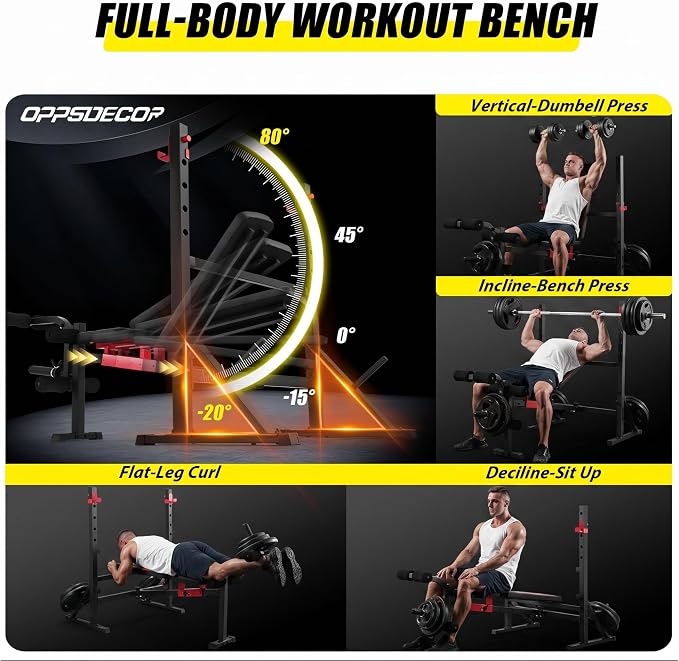 OPPSDECOR Adjustable Olympic Weight Bench with Rack & Leg Curl Sliding Seat | Fits Up to 6'4" 900LBS Heavy Duty Foldable Bench Press Set for Home Gym Flat Incline Decline Workout Bench for Tall People