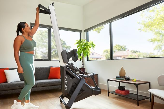 StrongGo Rowing Machine -Compatible with iPad—Dual Air & Magnetic Resistance Up to 100 lbs | Game-Based Workouts, Compact Storage Design