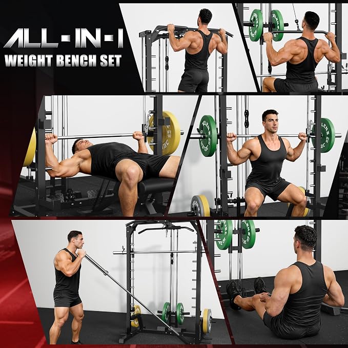 SR01 Smith Machine, 2000LBS Multi-Function Power Cage with LAT Pulldown System, All-in-One Home Gym Squat Rack with Smith Bar and Training Attachments for Full Body Workouts