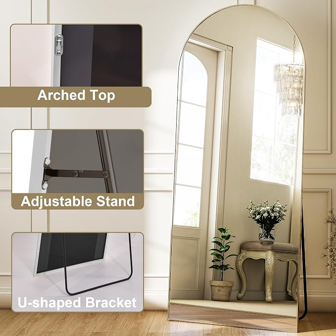Arched Full Length Mirror 64"x21" Leaning Hanging Decor Silver | Standing Body Mirror with Aluminum Frame for Bedroom Cloakroom Living Room Make-up Gift