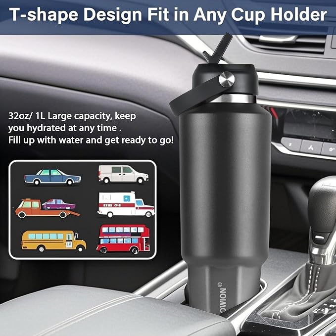 HYDROWION 32 oz Insulated Water Bottle, Car Water Bottle Holder - Double Wall Vacuum Insulated Travel Bottle with Straw Lid, Spout Lid and Flex Cap - Cold for 24H, Hot for 12H, Black - Grey