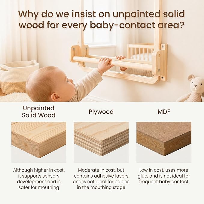 Woodtoe 3-in-1 Montessori Mirror with Bar, Adjustable Tummy Time Mirror 6M+ | Toddler Mirror & Pull Up Bar, Montessori Learning Toy for Baby 6-18 Months, Nursery Mirrors, Natural Wood Kids Furniture