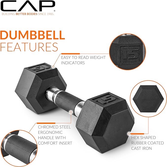 CAP Rubber Coated Dumbbell Weights, Free Weights for Home Gym Strength Training, Anti-Roll Hex Dumbbells with Black, Chrome & Comfort Grip Handles, Singles