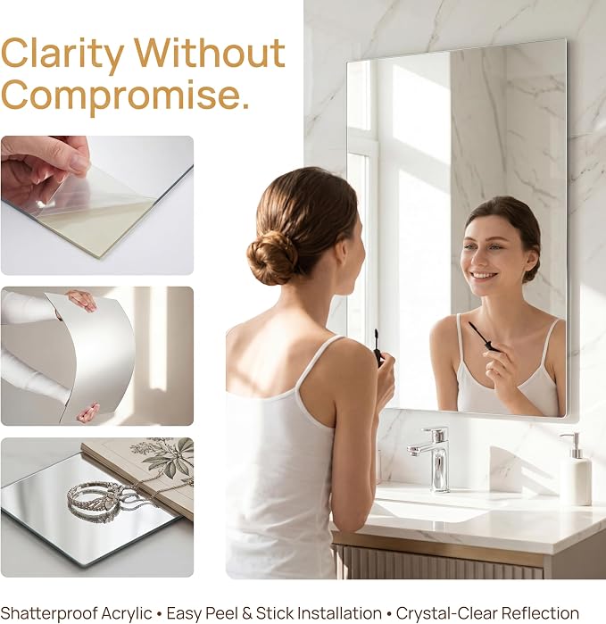 iCAGY Acrylic Mirror for Wall Kids Adults Bedroom Door Closet | Shatterproof, Self-Adhesive, Lightweight, Plastic Mirror Tile Sheet, Reflective, Safe, Plexiglass, 12x12 inch 1 Pcs