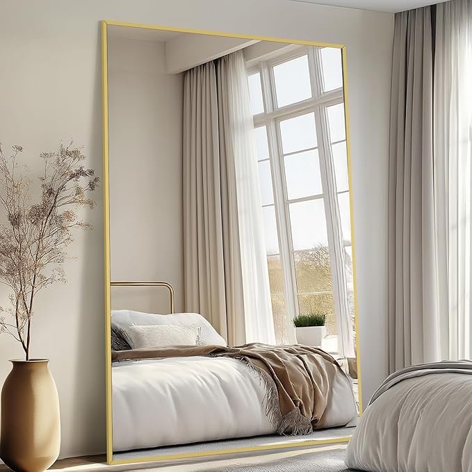Mirrorons 76"x44" Oversized Full Length Mirror, Floor Standing or Wall Mounted with Hanging Kit, Shatterproof Tempered Glass Mirror for Living Room, Bedroom, Dressing Room, Gym (Gold)
