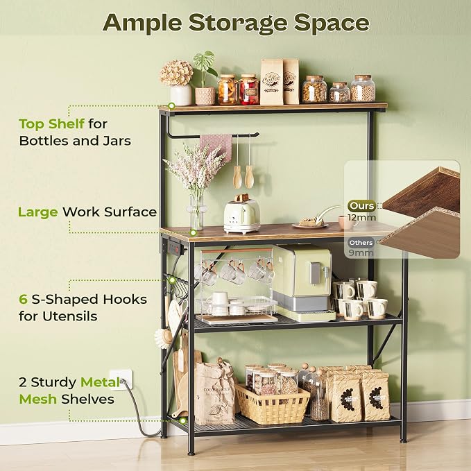 Huuger 4-Tier Bakers Rack with Reversible Power Outlet, 31.5 Inch Microwave Stand, Kitchen Coffee Bar, with Top Shelf, 6 S Hooks, Rustic Brown