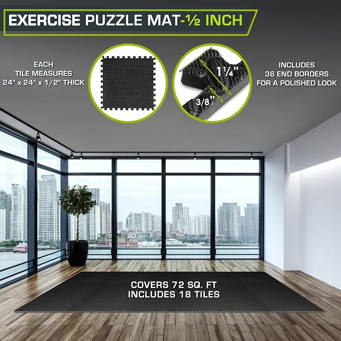 ProsourceFit Exercise Puzzle Mat 1/2-inch, EVA Interlocking Foam Floor Tiles for Home Gym, Workout Equipment, Kids Play Areas, Black, 72 SQ FT - 18 Tiles