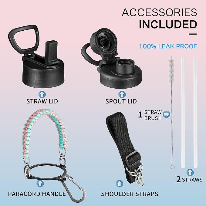 KXIAOCHEN Insulated Water Bottle with Strap, 48-Hour Cold, 2 Lids | Triple-wall insulation, lead-free 18/8 Stainless steel, paracord handle, carabiner clip, for gym, hiking, camping and travel