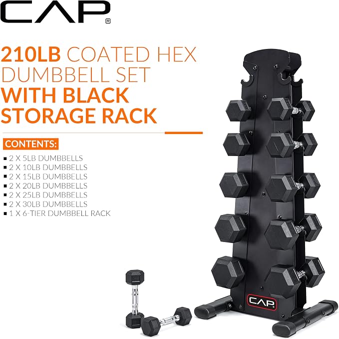 CAP Rubber Coated Hex Dumbbell Set with Storage Rack | 100–210 lb Options, Space-Saving Vertical Compact Storage for Home Gym Strength Training