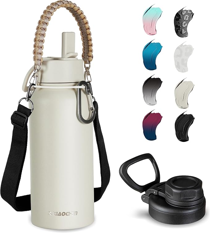 KXIAOCHEN Insulated Water Bottle with Strap, 48-Hour Cold, 2 Lids | Triple-wall insulation, lead-free 18/8 Stainless steel, paracord handle, carabiner clip, for gym, hiking, camping and travel