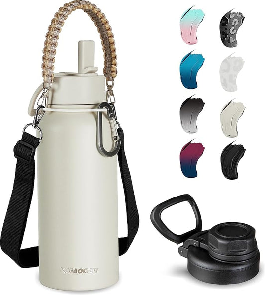 KXIAOCHEN Insulated Water Bottle with Strap, 48-Hour Cold, 2 Lids | Triple-wall insulation, lead-free 18/8 Stainless steel, paracord handle, carabiner clip, for gym, hiking, camping and travel