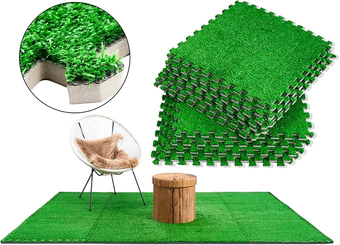 Sorbus Grass Foam Floor Tiles - 12 Interlocking Mats of 24"X24” Total of 48 Sq Ft for Kids Outdoor Toys, Playroom, Deck, Patio, Basement Home Gym - Artificial Carpet Grass Turf Indoor Outdoor Flooring