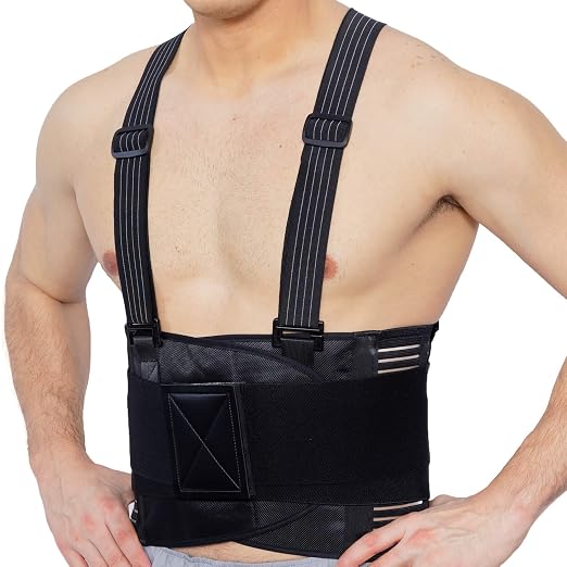 NeoTech Care Back Brace with Suspenders for Work - Industrial Lifting Safety, Elastic Compression, Hook & Loop Closure (Charcoal, Size M)