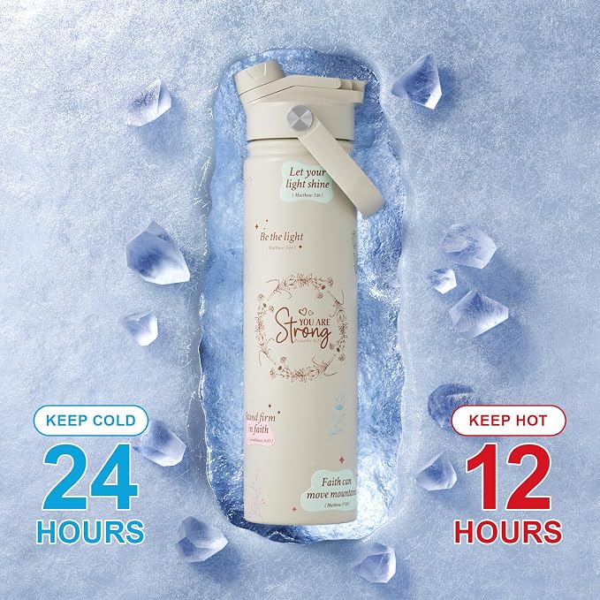 KEWIXY 24 oz Christian Water Bottle, 2-in-1 Lid, Straw & Spout, Insulated, Leak Proof, Keep Cold, Stainless Steel, Metal, Reusable, Birthday Gifts for Christian Women, Cupholder Friendly, Christian