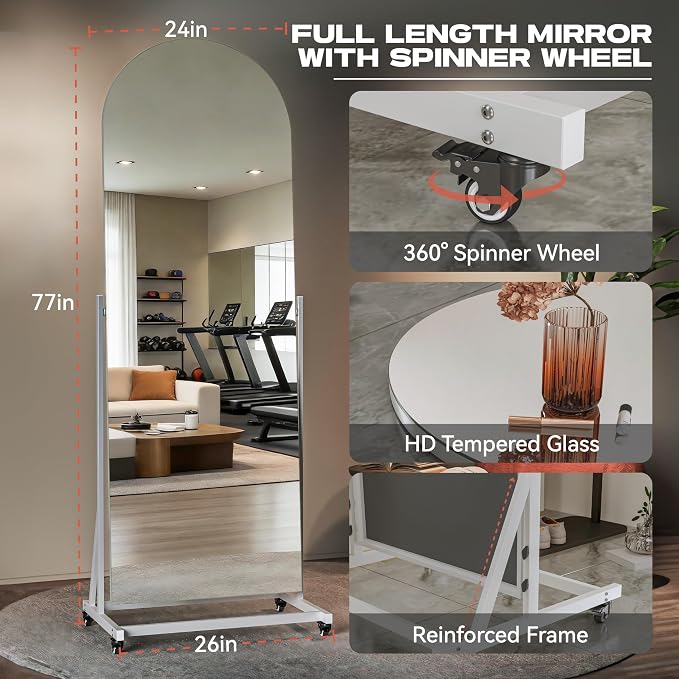 77"x26" Arched Full Length Rolling Mirror on Wheels, 360° Rotate | Tempered glass & metal frame, 360° rotation, standing holder included, ideal for bedroom, dance studio, fitness training
