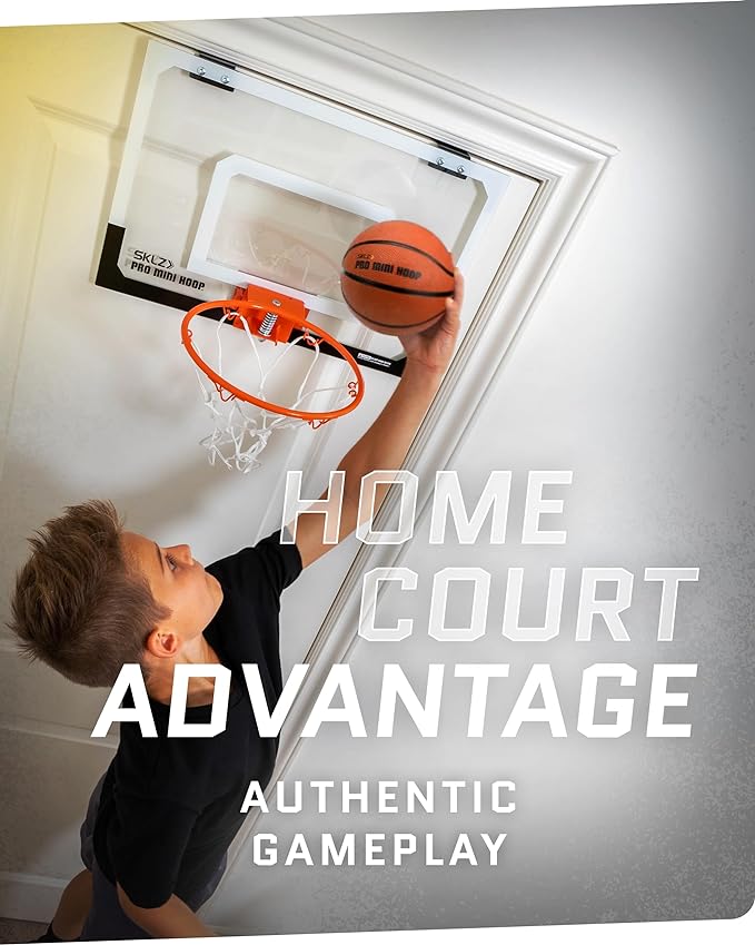 SKLZ Pro Mini Indoor Basketball Hoop with Ball, Over the Door, Shatter-Proof Backboard, Spring-Action Break-Away Steel Rim, Great for Home, Dorm Room, and Office