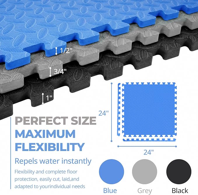 HulkFit Puzzle Exercise Mat, 3/4 Inch EVA Interlocking Foam Gym Flooring for Home Gym, Garage, Apartments, High-Density Shock-Absorbing Floor Tiles for Workout Equipment, MMA, Gymnastics, 24 Tiles