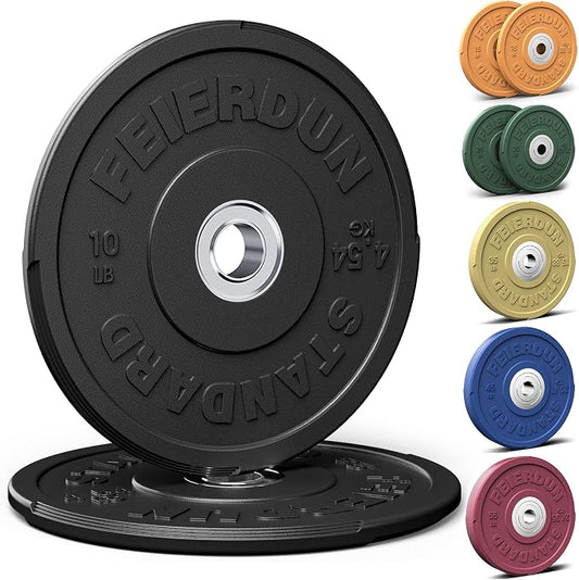 FEIERDUN Color Bumper Plate Set, 2-Inch Olympic Weight Plates, Low Bounce Rubber Barbell Plates with Stainless Steel Insert for Weightlifting, Strength Training, CrossFit & Home Gym, 10LB-370LB