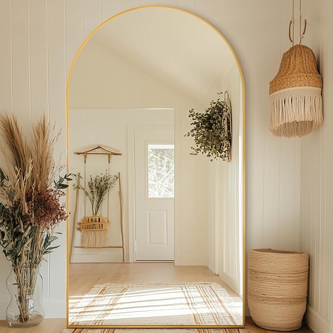 Antok Full Length Mirror, 90"x46" Floor Mirror with Stand, Hanging Mounted Mirrors for Bedroom, Living Room, Cloakroom, Dining Room, Gold, Arched