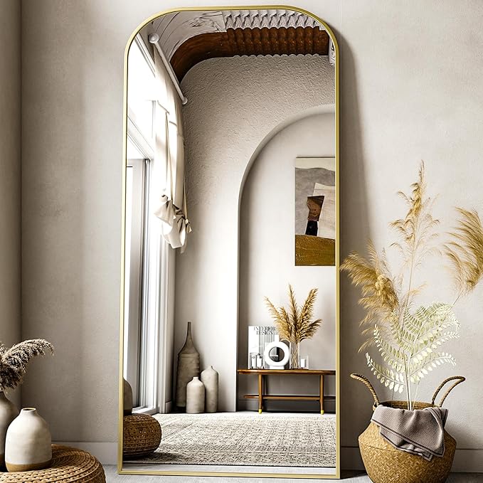 XRAMFY Full Length Mirror, 71"x28" Floor Mirror Freestanding, Arched Floor Standing Large Mirror Full Body Mirrors with Stand for Bedroom, Hanging Mounted Mirrors for Living Room,Gold