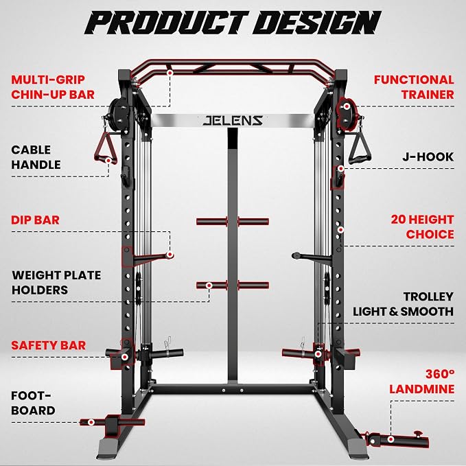 JELENS C21 Power Cage, 2000LBS Multi-Function Power Rack with Independent Dual Pulley System, All-in-One Squat Rack for Cable Crossover, Home Gym Workout Machine