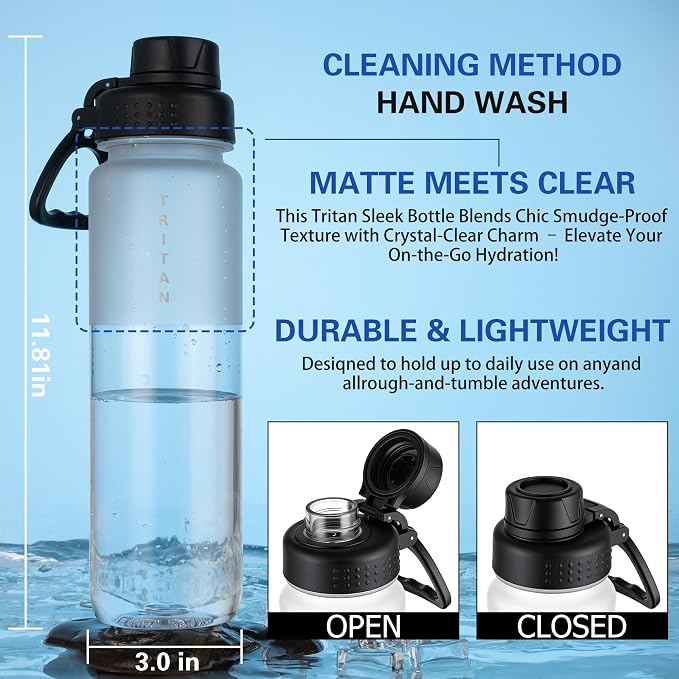 OLDLEY 32 oz Water Bottle with Handle, BPA-Free Tritan Reusable Sports Water Bottle with Leak-Proof Dust Lid, Wide Mouth, Cup Holder Friendly, Half Frosted Clear Bottle for Gym, Travel, Work,Clear