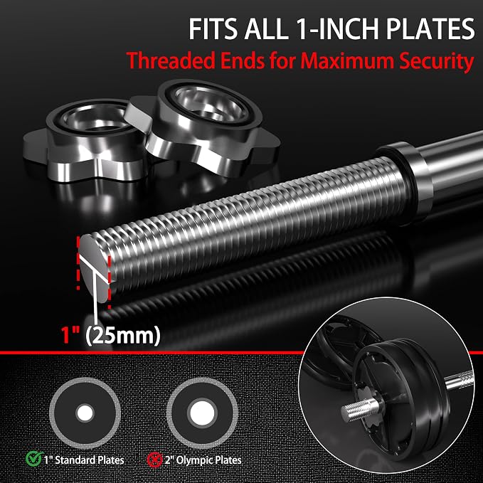 47 Inch Straight Barbell Bar - 1 inch Standard Weight Lifting Bar for Home Gym Strength Training - 480 LB Capacity for Deadlift, Hip Thrust, Bicep Curl, Lunge & Row - Includes 2 Locknuts
