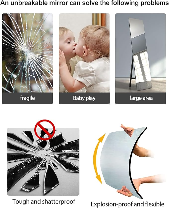 Shatterproof Full Length Mirror Tiles, Mirror for Wall, Full Body Mirrors for Kids, Thick 0.125", 4 Pcs 16"x16", Made of Frameless Plexiglass Acrylic Plastic, Wall Mounted for Home Gym, Door, Bedroom