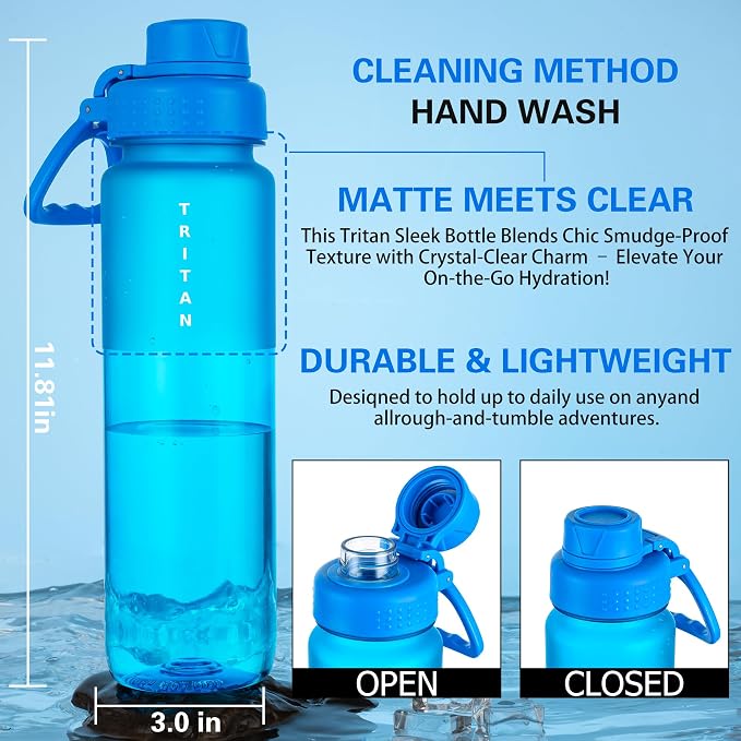 OLDLEY 32oz Frosted Clear Water Bottle, BPA-Free Tritan Plastic Reusable Water Bottle with Fast-Flow Spout Lid, Wide Mouth Leakproof Sports Drinking Bottle for Gym, School,Travel,Cornflower Blue