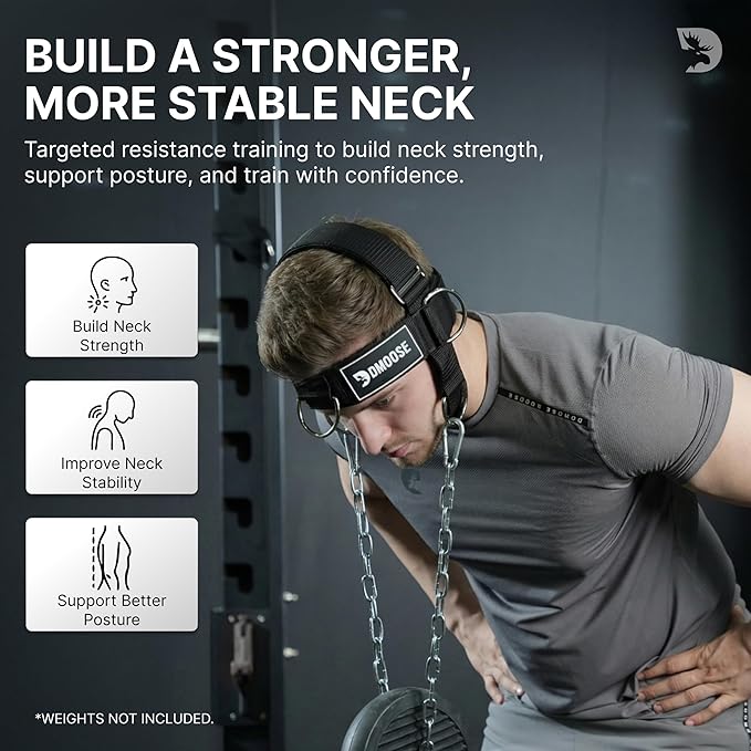 DMoose Fitness Neck Harness for Weight Lifting - Soft Padded Head & Chin Strap with 30" Heavy Duty Steel Chain - Neck Exerciser, Trainer & Strengthener to Support Injury Recovery and Intense Workouts