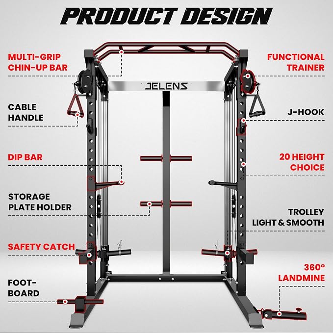 JELENS C21 Power Cage, 2000LBS Multi-Function Power Rack with Independent Dual Pulley System, All-in-One Squat Rack for Cable Crossover, Home Gym Workout Machine