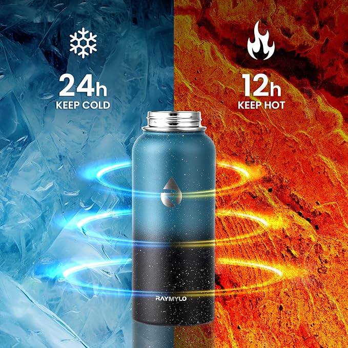 RAYMYLO Insulated Water Bottle 32 oz, Triple Wall Vacuum Stainless Steel | (Cold for 24Hrs, Hot for 12Hrs), Leak Proof & Non-BPA, Modern Water Flask Jug with Paracord Handle & Straw Spout Lids