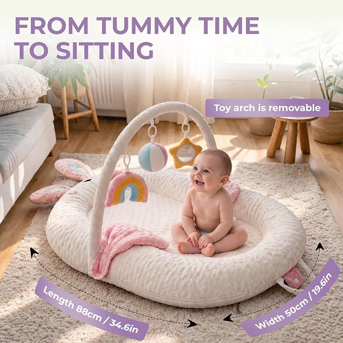 Infant Support Pillow with Adjustable Side Panels for Supervised Tummy Time - Portable Activity Cushion for 0-12 Months - Activity Mat - Pink