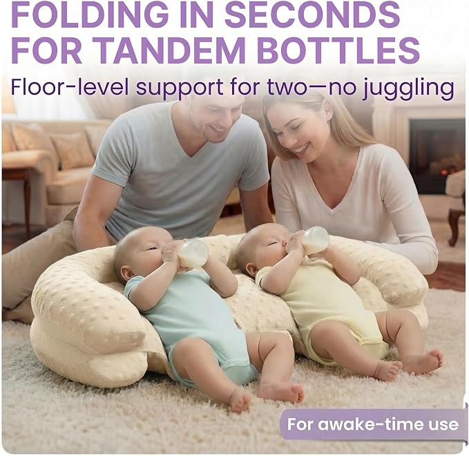 Twins Baby Play Mats for Floor Activity Gym - 5-in-1 Support Cushion Baby Play Mat Tummy Time Mat for Supervised Bonding with Arch, Plush Toys, Flashcards & Developmental Book - Beige