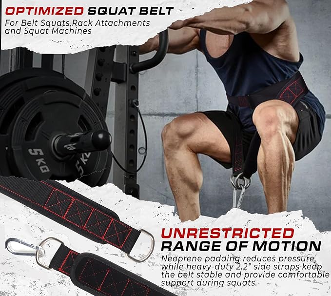 Belt for Belt Squats, Rack Attachment & Squat Machine, Weight Lifting&Powerlifting – Back Support, Low-Profile, Padded Hip & Thigh, Secure Buckle, Heavy Duty