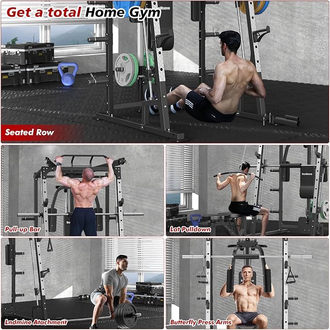 SunHome Smith Machine, 2000LBS Power Cage Squat Rack with Smith Bar, LAT Pull-Down Systems, Cable Crossover Machine for Home Gym