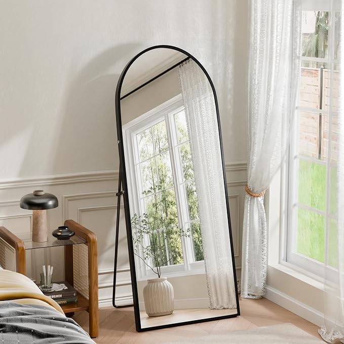56"×18" Full Length Mirror, 2 Pcs Shatterproof Tempered Glass Floor Mirror, Alum Alloy Thin Frame Standing Mirror with Freestanding/Leaning/Wall Mount for Bedroom, Living Room & Entryway, Black