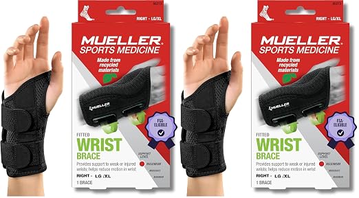 MUELLER Sports Medicine Green Fitted Wrist Brace for Men and Women,Wrist Pain Relief Support,Ideal for Carpal Tunnel,Tendonitis,Arthritis,Right Hand,Black,Large/X-Large,(Pack of 2)
