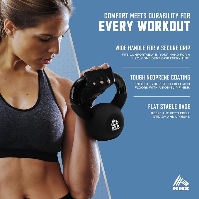 RBX Neoprene Kettlebell, Wide Handle, Iron Core, Flat Bottom, Great for All Fitness Levels