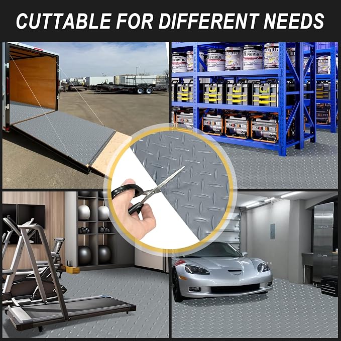 8x20 FT Garage Floor Mat, 2.8mm Thickened Flooring Roll for Under Car Diamond Plate PVC Rubber Mat with 20 Pcs Tapes, Non-Slip Floor Mat for Garage, Warehouse, Gyms, Trailer, Gray