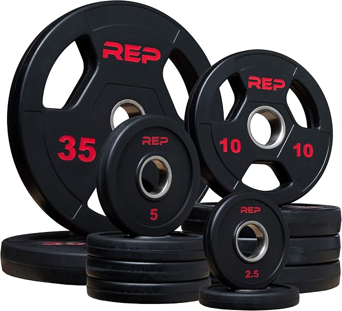 REP Fitness Rubber Coated Olympic Plates, Updated Design - Tri-Grip Olympic Barbell Weights – Sold in Pairs and Sets…