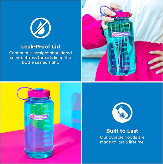 Nalgene 32 oz Wide Mouth Water Bottle, Surfer | BPA-Free, Durable & Lightweight, Leak Proof, Dishwasher Safe, Large Reusable Plastic Bottle for Hiking, Gym, Work & Travel