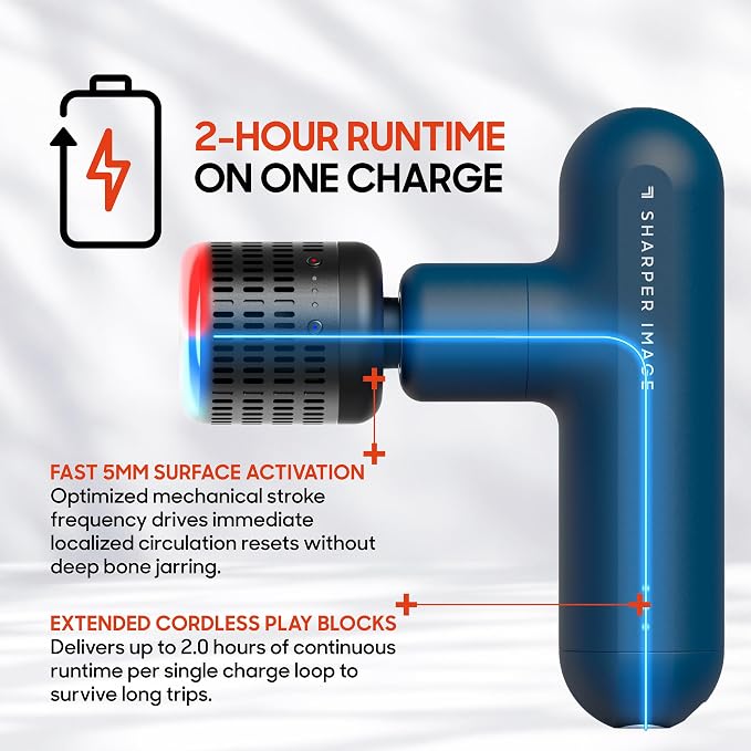 Sharper Image Deep Tissue Percussion Massage Gun, Powerboost Move Evo Hot & Cold Rechargeable Handheld Massager, 4 Adjustable Speeds, 5 Attachment Heads & Carrying Case, for Muscle Pain Relief, Blue
