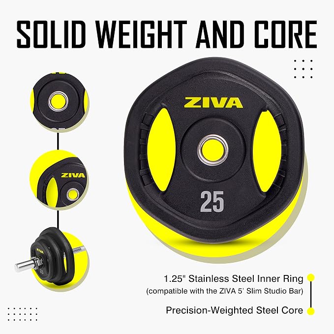 ZIVA 35lb Studio Barbell Weight Set – Adjustable Home Gym Kit with Standard Rubber Urethane Plates, 5' Chrome Bar (1.18" diam) & Collars | Extra Plates Not Included