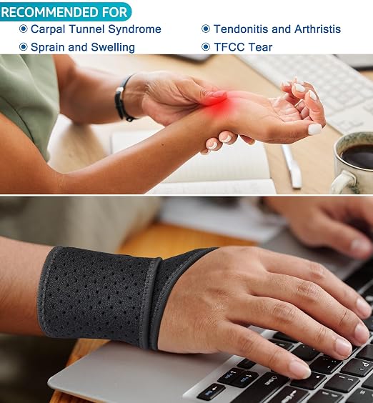 Breathable Wrist Brace (2 Pack) for Relieve Wrist Pain from Carpal Tunnel, Arthritis, Tendonitis, Sprain, TFCC | Adjustable Wrist Wraps Support for Weightlifting, Tennis - Fits All (Black)