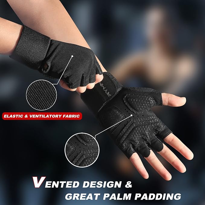 Workout Gloves for Women Men with Wrist Wrap Support Weight Lifting Gloves | Padded Gym Gloves for Weightlifting, Exercise, Crossfit, Resistance Training, Wrist Protection, Full Palm Grip, Fingerless